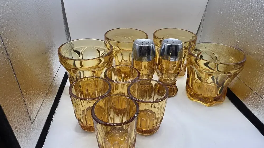 Tiara Indiana Glass Sandwich Amber 10 Pc Set 4 Tumblers 4 Juice Glass Salt Pepp
